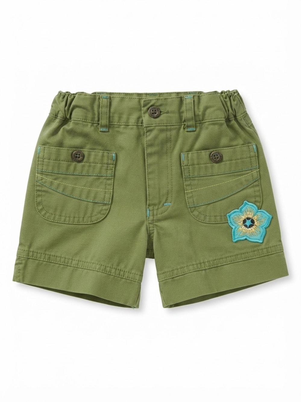 Kids Olive Green Cargo Shorts with Floral Patch